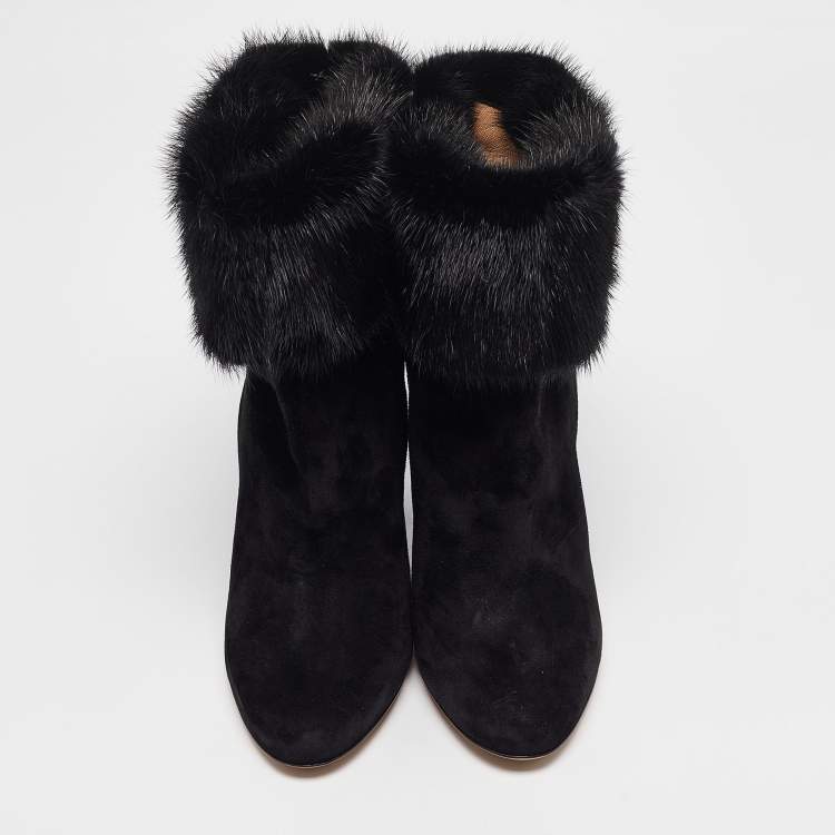 Pre Owned Salvatore Ferragamo Black Fur and Suede Knee Length Boots Size 37.5