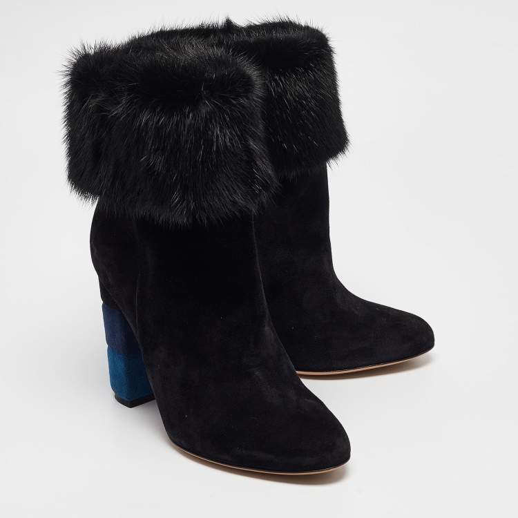 Pre Owned Salvatore Ferragamo Black Fur and Suede Knee Length Boots Size 37.5