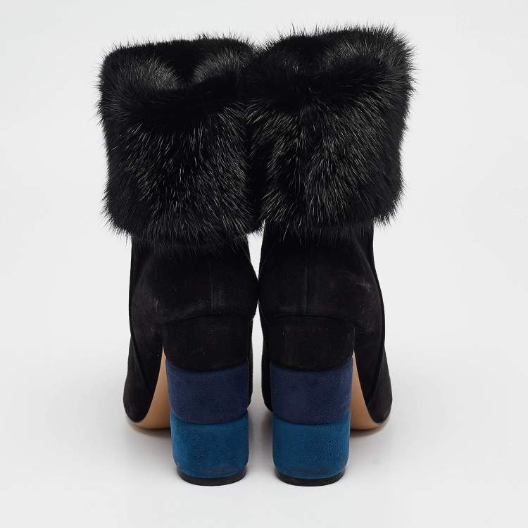 Pre Owned Salvatore Ferragamo Black Fur and Suede Knee Length Boots Size 37.5