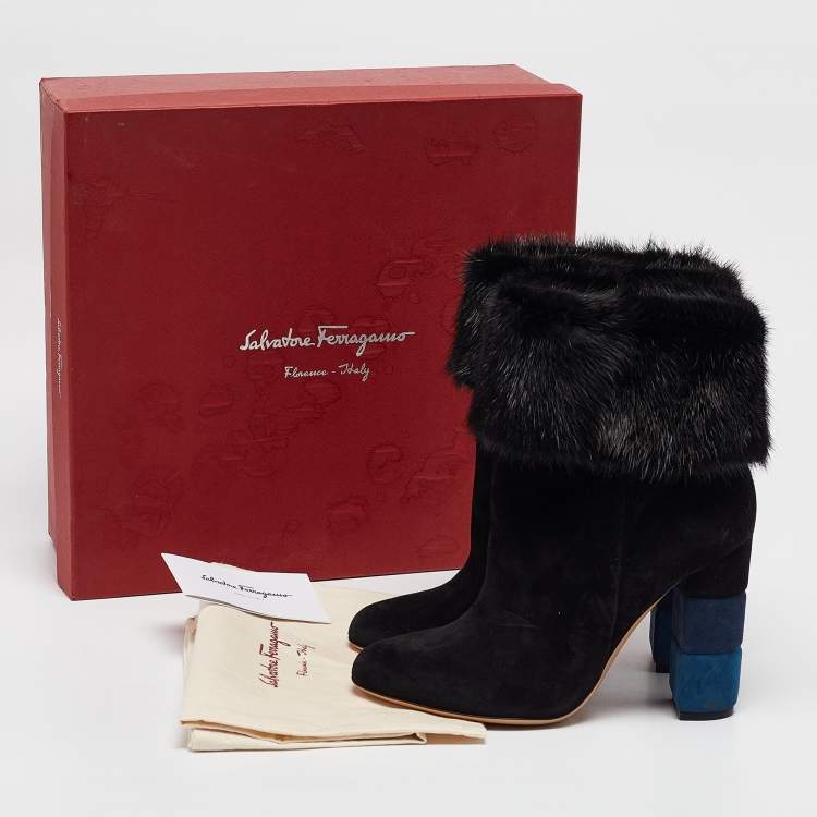 Pre Owned Salvatore Ferragamo Black Fur and Suede Knee Length Boots Size 37.5