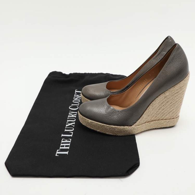 Pre Owned Salvatore Ferragamo Metallic Grey Leather Wedge Espadrille Pumps Size 37.5