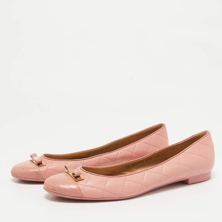 Pre Owned Salvatore Ferragamo Pink Quilted Patent and Leather Bow Ballet Flats Size 40