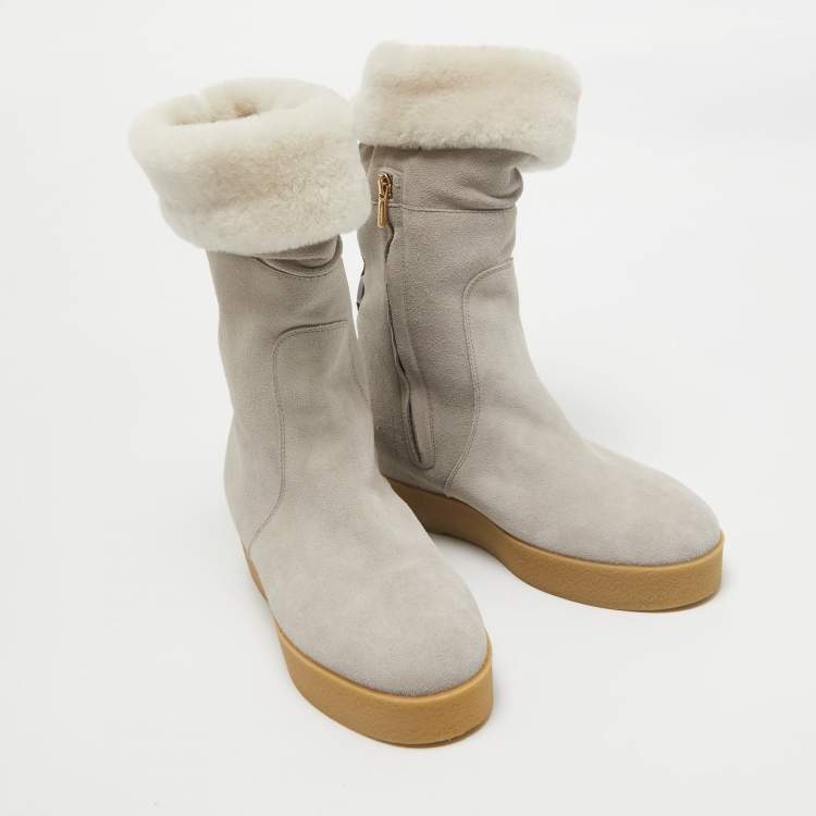 Pre Owned Salvatore Ferragamo Grey Shearling Suede Mid Calf Boots Size 38.5