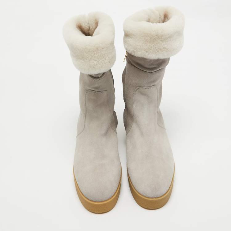 Pre Owned Salvatore Ferragamo Grey Shearling Suede Mid Calf Boots Size 38.5