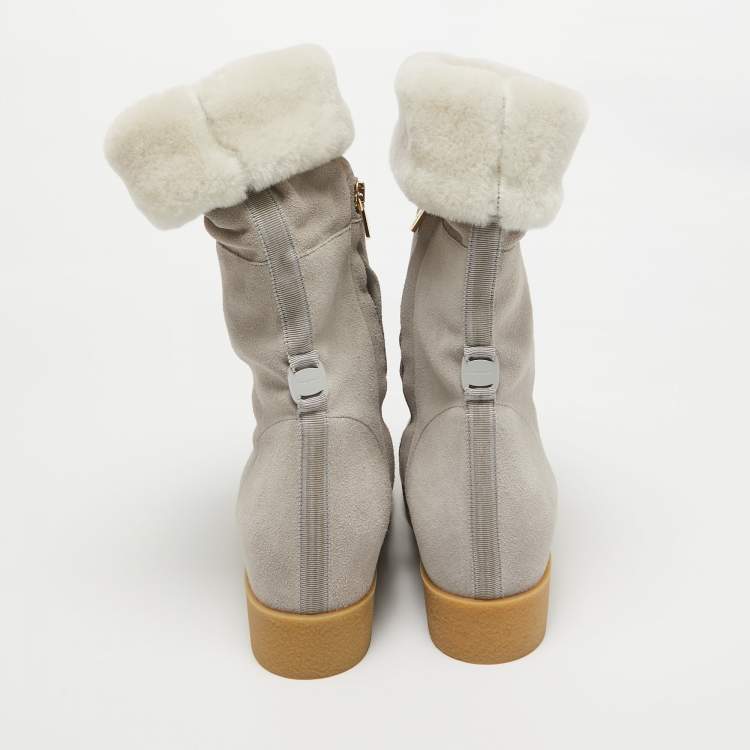 Pre Owned Salvatore Ferragamo Grey Shearling Suede Mid Calf Boots Size 38.5