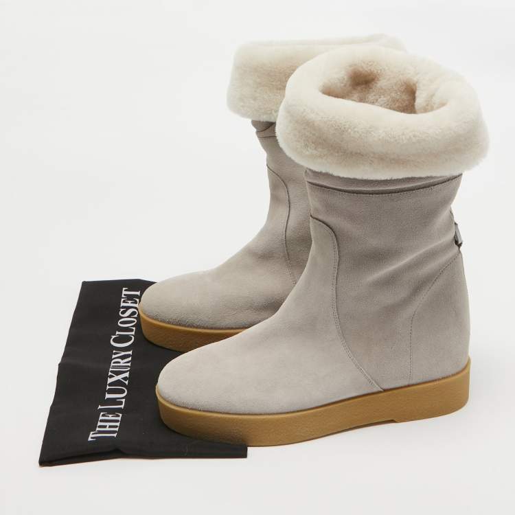 Pre Owned Salvatore Ferragamo Grey Shearling Suede Mid Calf Boots Size 38.5