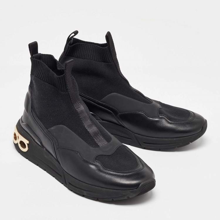 Pre Owned Salvatore Ferragamo Black Knit Fabric and Leather Cosma Sock Sneakers Size 40.5