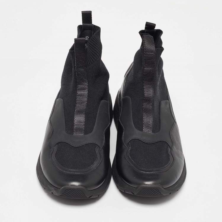 Pre Owned Salvatore Ferragamo Black Knit Fabric and Leather Cosma Sock Sneakers Size 40.5