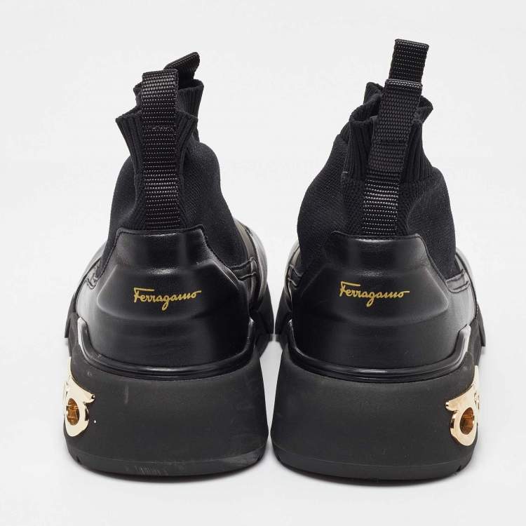 Pre Owned Salvatore Ferragamo Black Knit Fabric and Leather Cosma Sock Sneakers Size 40.5