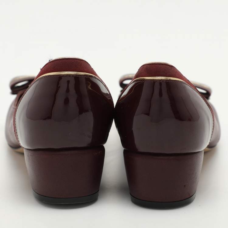 Pre Owned Salvatore Ferragamo Burgundy Leather and Suede Vara Bow Block Heel Pumps Size 35.5