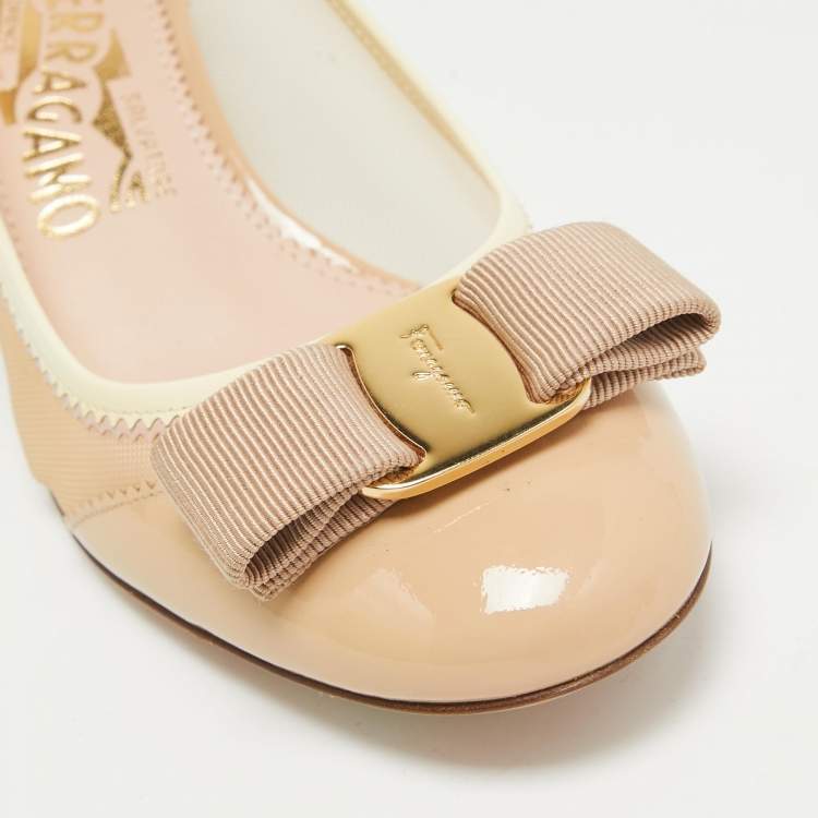 Pre Owned Salvatore Ferragamo Beige Patent And Mesh Vara Bow Pumps Size 36.5