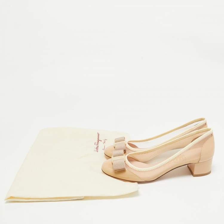 Pre Owned Salvatore Ferragamo Beige Patent And Mesh Vara Bow Pumps Size 36.5