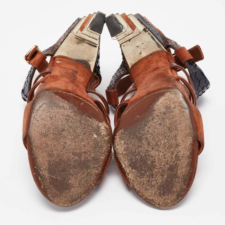 Pre Owned Salvatore Ferragamo Brown Python Leather and Suede Laos Ankle Strap Sandals 37.5
