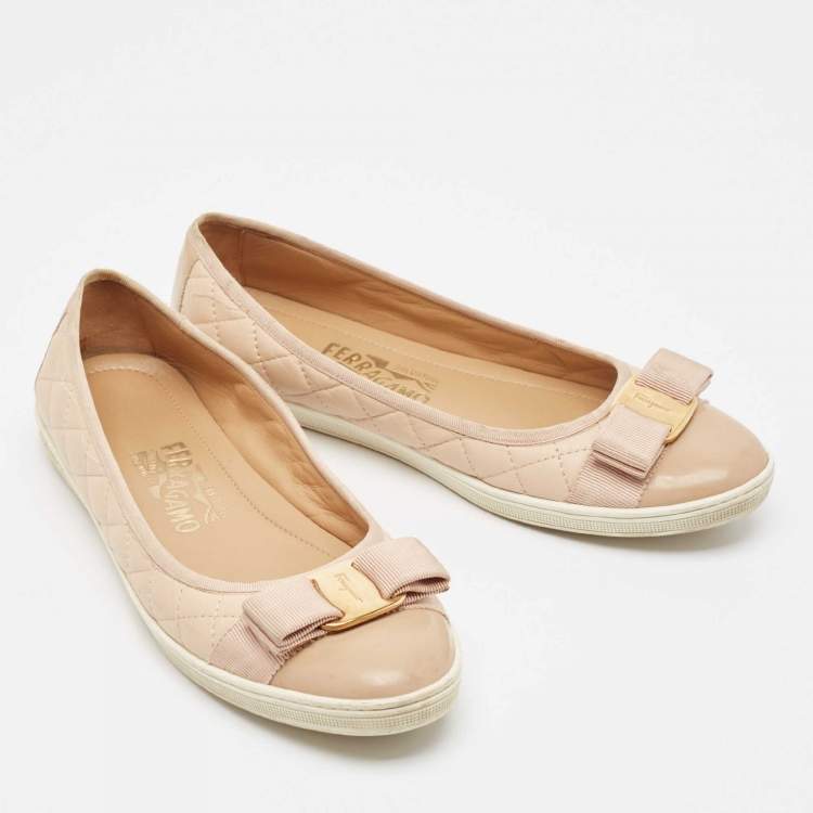 Pre Owned Salvatore Ferragamo Beige Leather and Patent Varina Ballet Flats Size 38.5