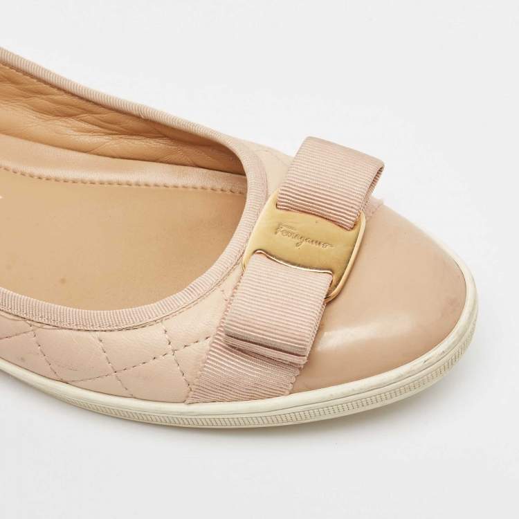 Pre Owned Salvatore Ferragamo Beige Leather and Patent Varina Ballet Flats Size 38.5