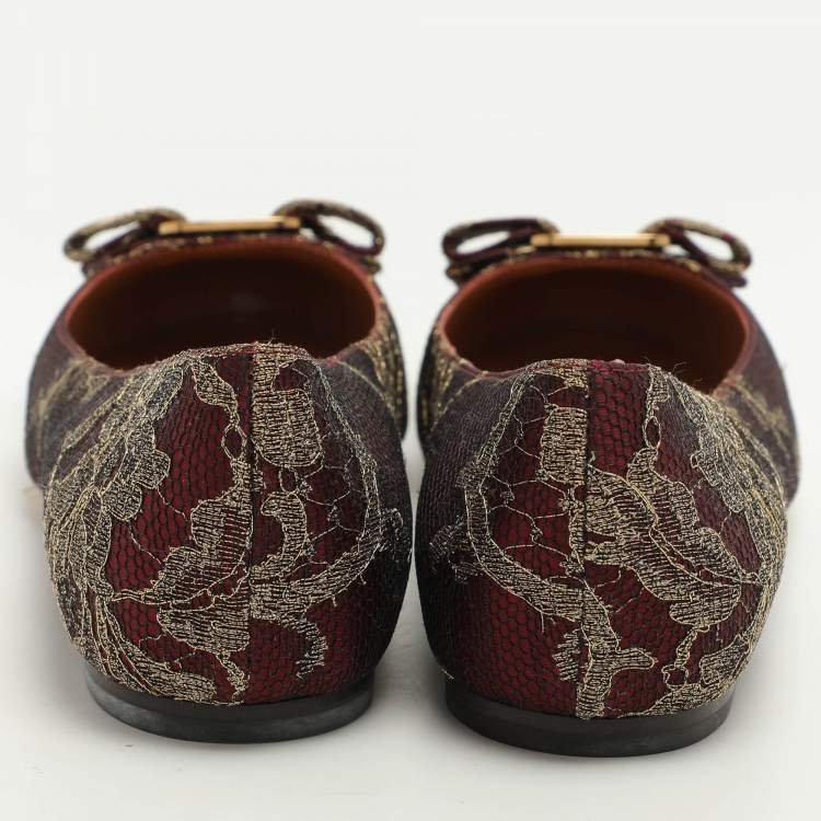 Pre Owned Salvatore Ferragamo Burgundy Lace and Lurex Fabric Ballet Flats Size 38