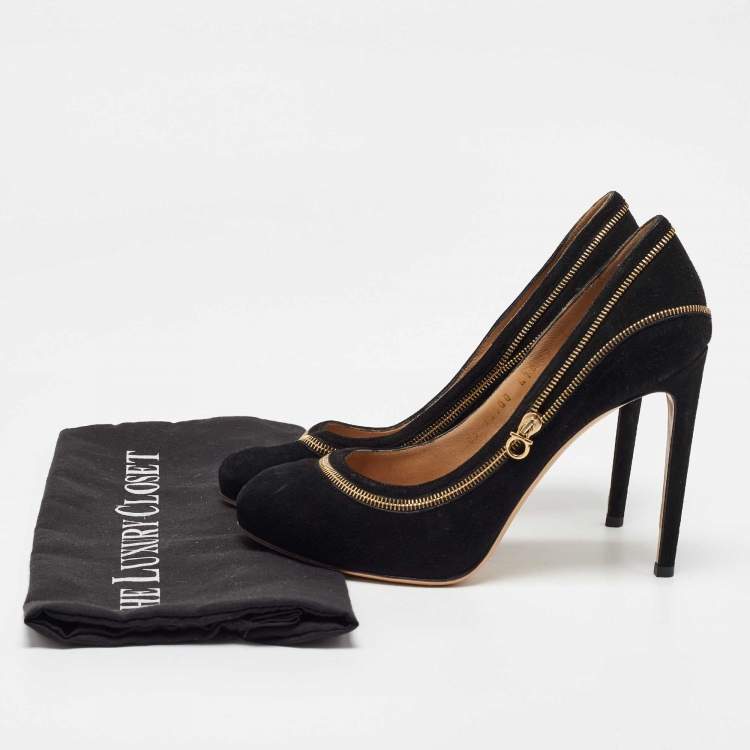 Pre Owned Salvatore Ferragamo Black Suede Rory Zipper Pumps Size 37.5