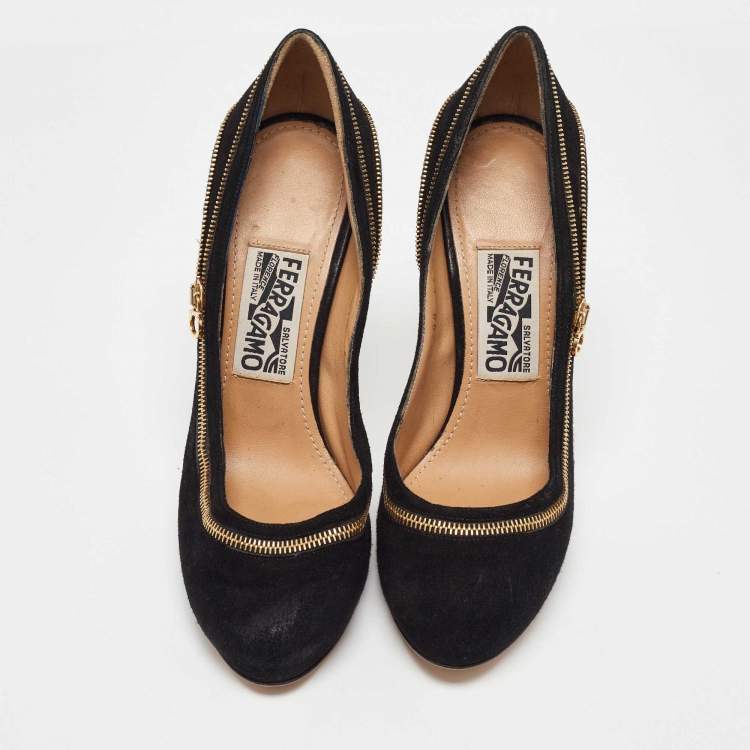 Pre Owned Salvatore Ferragamo Black Suede Rory Zipper Pumps Size 37.5