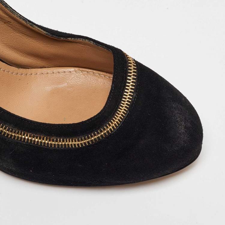 Pre Owned Salvatore Ferragamo Black Suede Rory Zipper Pumps Size 37.5