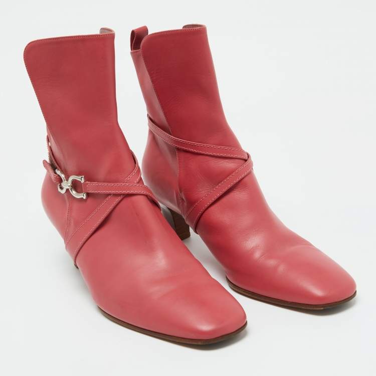 Pre Owned Salvatore Ferragamo Coral Pink Leather Gancini Ankle Length Boots Size 39