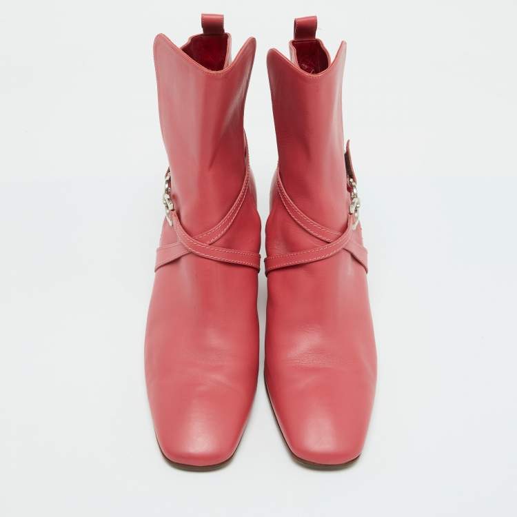 Pre Owned Salvatore Ferragamo Coral Pink Leather Gancini Ankle Length Boots Size 39
