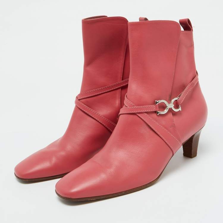 Pre Owned Salvatore Ferragamo Coral Pink Leather Gancini Ankle Length Boots Size 39