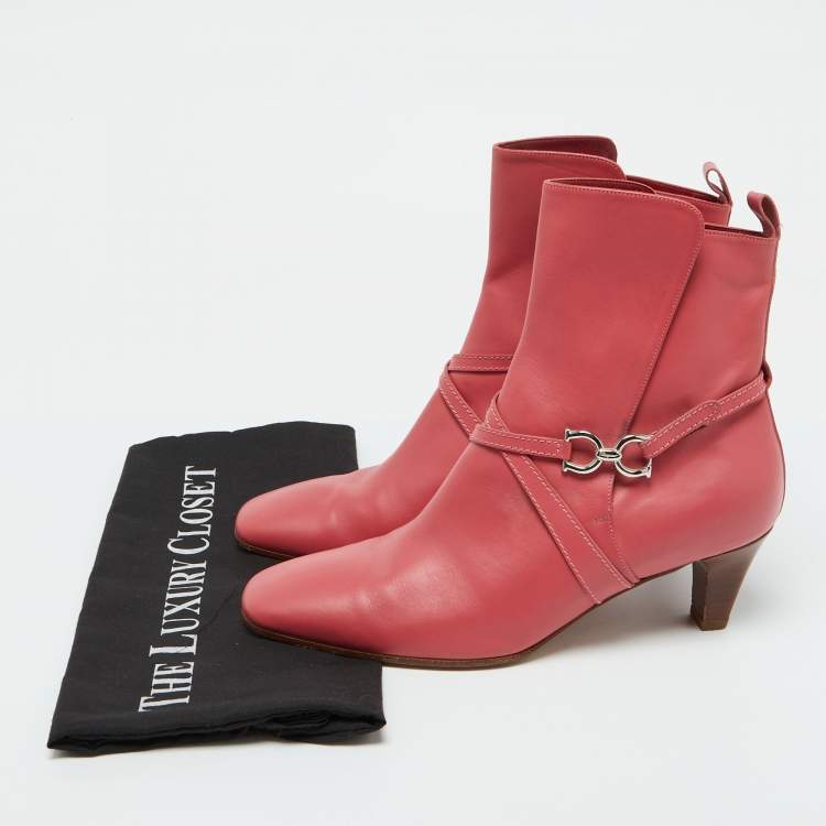 Pre Owned Salvatore Ferragamo Coral Pink Leather Gancini Ankle Length Boots Size 39