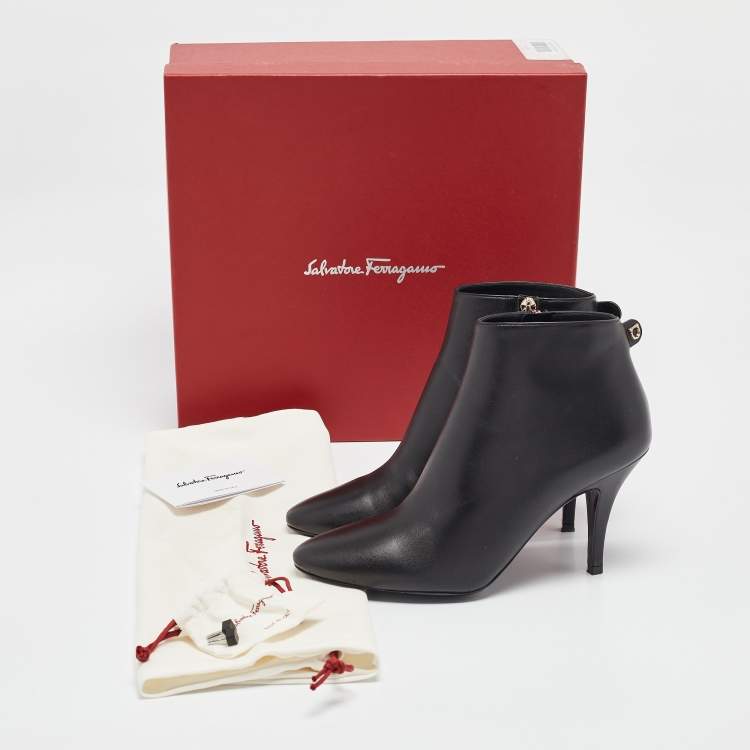 Pre Owned Salvatore Ferragamo Black Leather Joan Booties Size 38.5