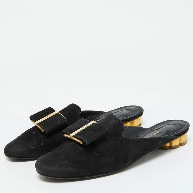 Pre Owned Salvatore Ferragamo Black Suede Bow Flat Mules Size 36.5