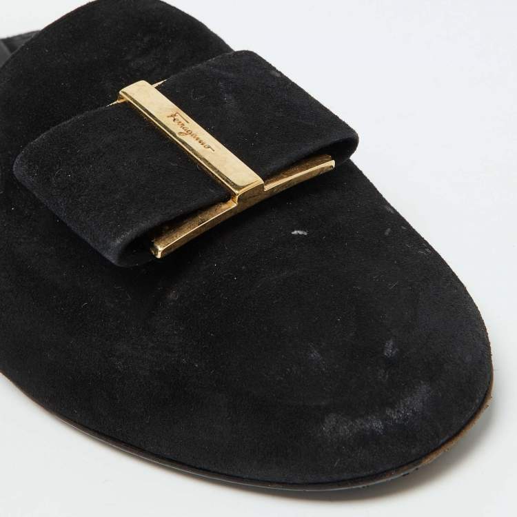Pre Owned Salvatore Ferragamo Black Suede Bow Flat Mules Size 36.5