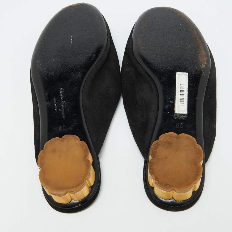 Pre Owned Salvatore Ferragamo Black Suede Bow Flat Mules Size 36.5