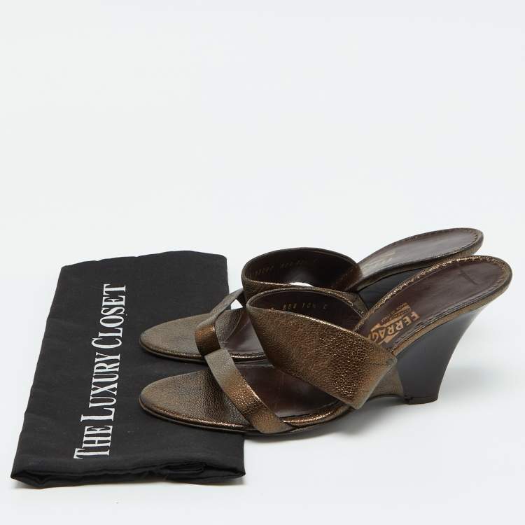 Pre Owned Salvatore Ferragamo Metallic Brown Leather Slide Wedge Sandals Size 41