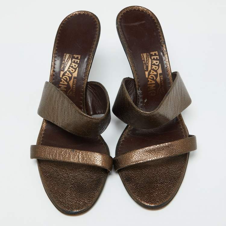 Pre Owned Salvatore Ferragamo Metallic Brown Leather Slide Wedge Sandals Size 41