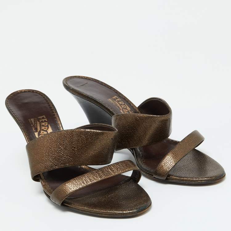 Pre Owned Salvatore Ferragamo Metallic Brown Leather Slide Wedge Sandals Size 41