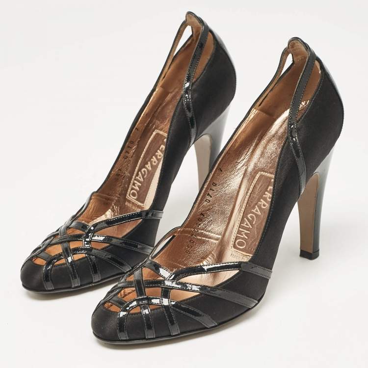 Pre Owned Salvatore Ferragamo Black Satin and Patent Leather Strappy Pumps Size 37.5