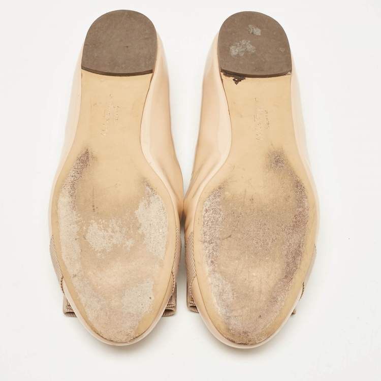 Pre Owned Salvatore Ferragamo Beige Patent Leather Vara Bow Ballet Flats Size 36.5