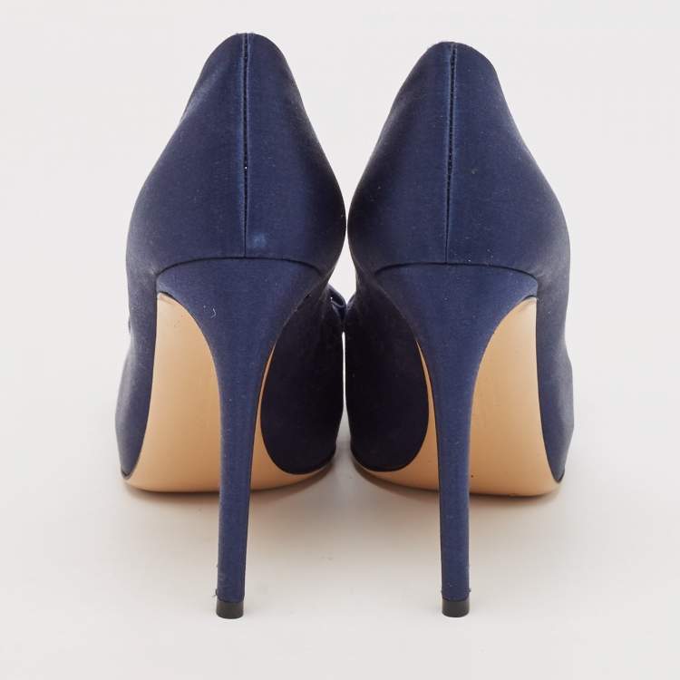 Pre Owned Salvatore Ferragamo Navy Blue Satin Bow Platform Pumps Size 37