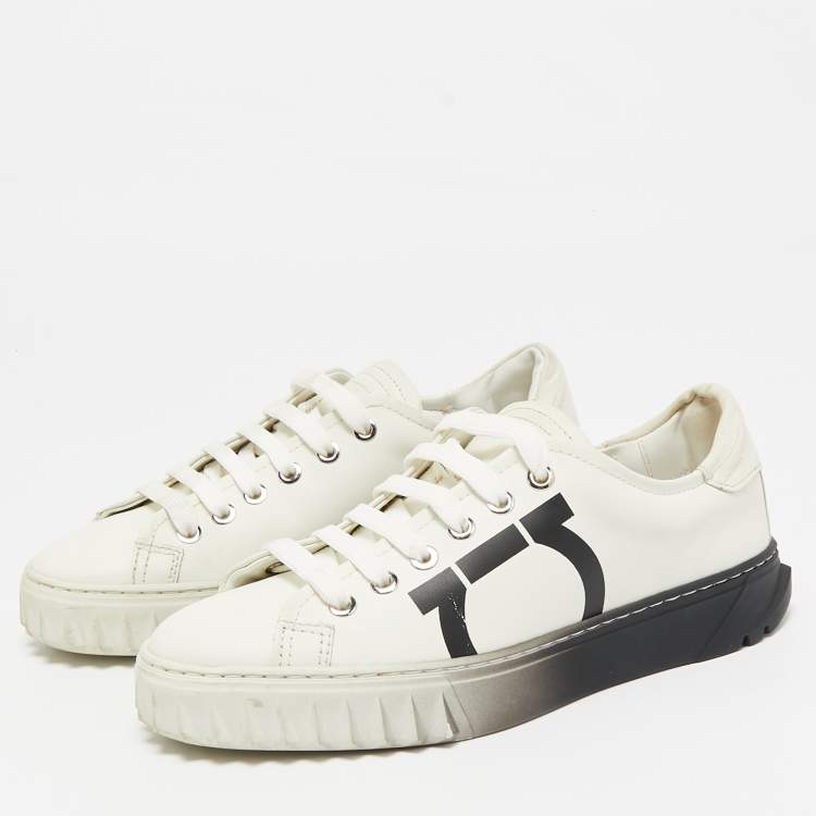 Pre Owned Salvatore Ferragamo White/Black Leather Gancini Logo Print Sneakers Size 35.5