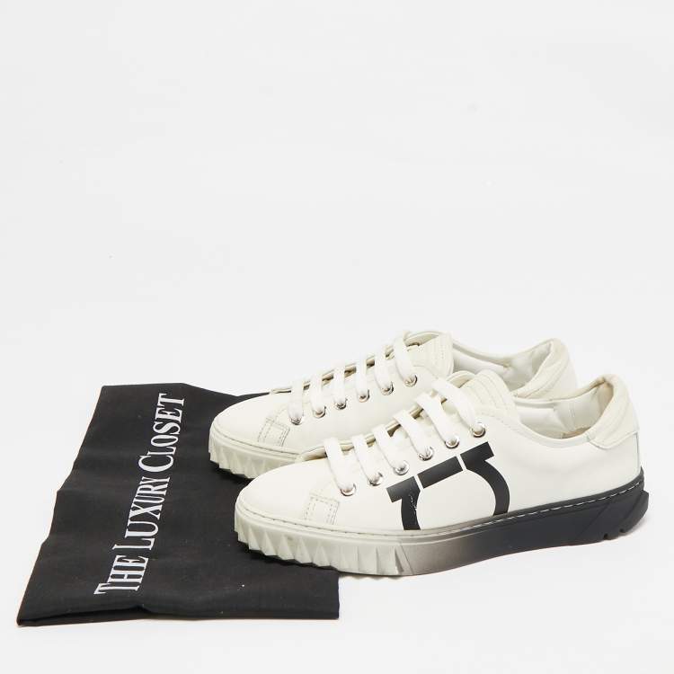 Pre Owned Salvatore Ferragamo White/Black Leather Gancini Logo Print Sneakers Size 35.5