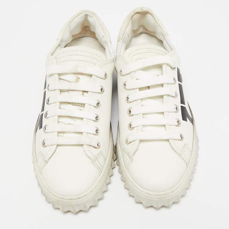 Pre Owned Salvatore Ferragamo White/Black Leather Gancini Logo Print Sneakers Size 35.5