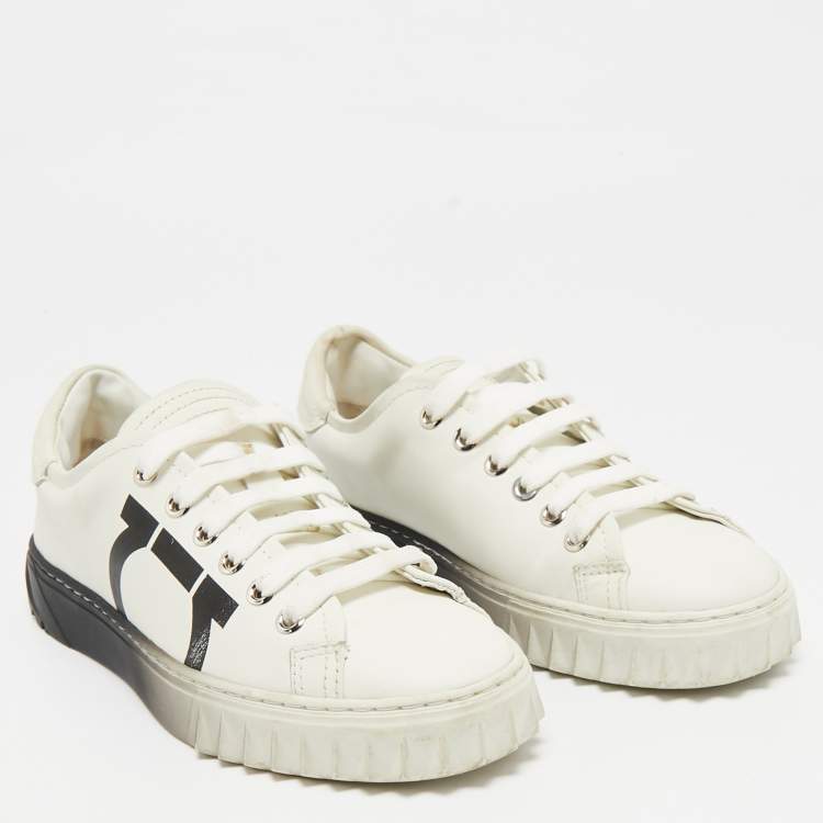 Pre Owned Salvatore Ferragamo White/Black Leather Gancini Logo Print Sneakers Size 35.5