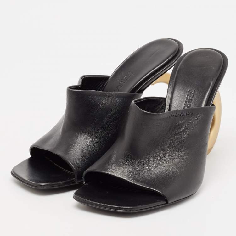 Pre Owned Salvatore Ferragamo Black Leather Astro Gancini Heel Slide Sandals Size 40