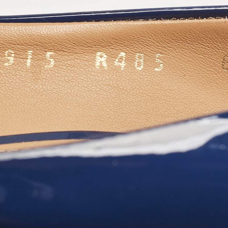 Pre Owned Salvatore Ferragamo Blue Patent Leather Vara Bow Peep Toe Pumps Size 37
