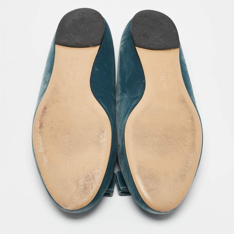 Pre Owned Salvatore Ferragamo Blue Velvet Vara Bow Ballet Flats Size 40