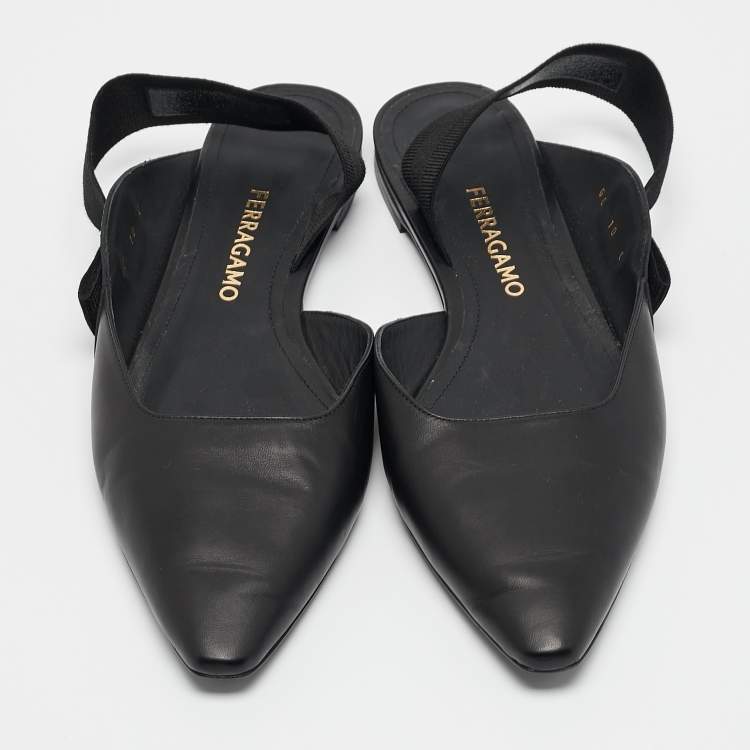 Pre Owned Salvatore Ferragamo Black Leather Slingback Flats Size 40.5