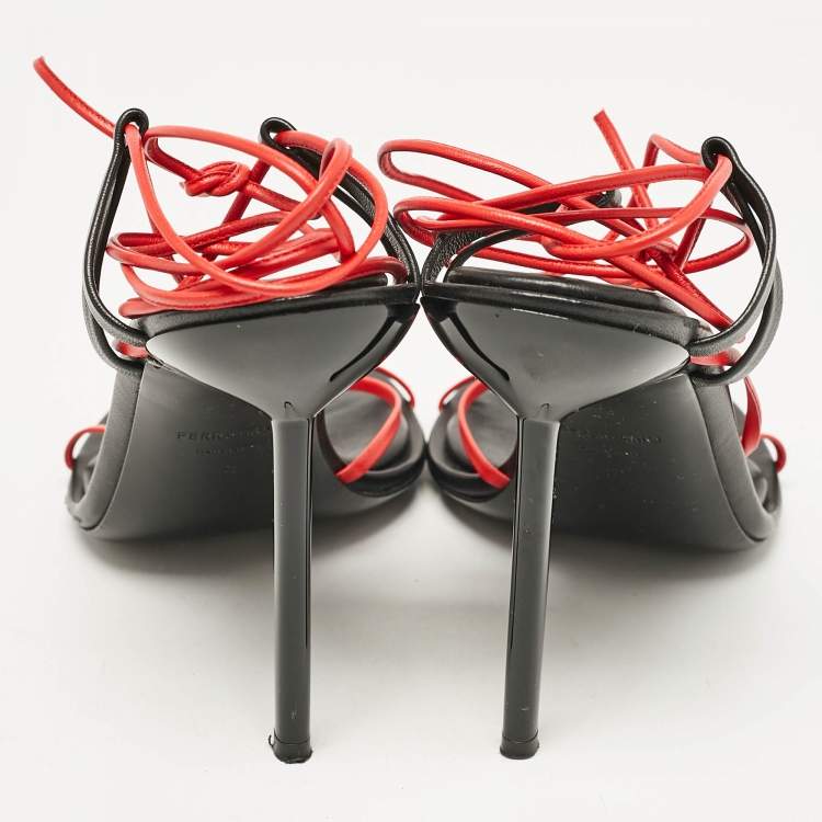 Pre Owned Salvatore Ferragamo Red/Black Leather Strappy Ankle Tie Sandals Size 38.5