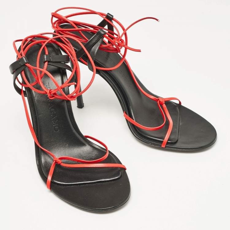 Pre Owned Salvatore Ferragamo Red/Black Leather Strappy Ankle Tie Sandals Size 38.5
