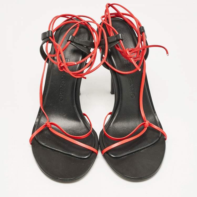 Pre Owned Salvatore Ferragamo Red/Black Leather Strappy Ankle Tie Sandals Size 38.5