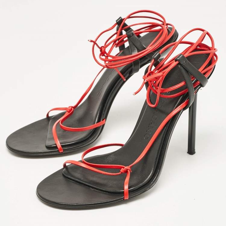 Pre Owned Salvatore Ferragamo Red/Black Leather Strappy Ankle Tie Sandals Size 38.5