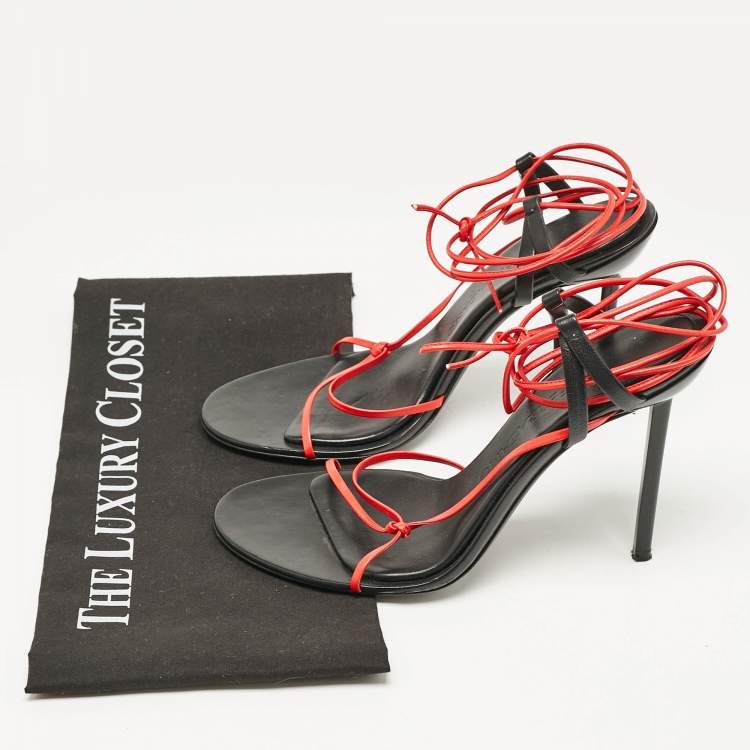 Pre Owned Salvatore Ferragamo Red/Black Leather Strappy Ankle Tie Sandals Size 38.5